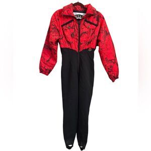 Vtg 80s Skiwear One piece Snowsuit NILS Snow Bib Red and Black Women sz 6